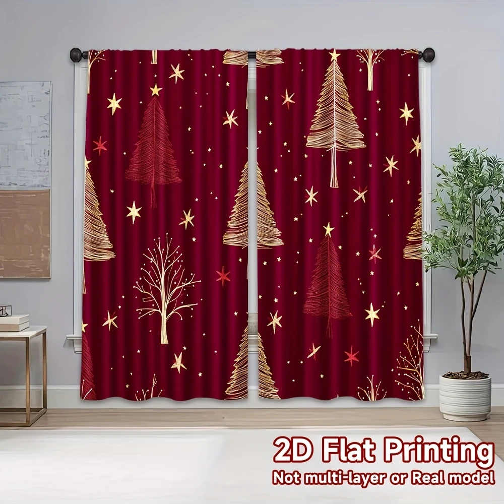 Burgundy Gold Line Art Tree Star Curtains, Rod Pocket, Polyester, Home Decor, Bedroom Living Room, Elegant Home Decor, Polyester