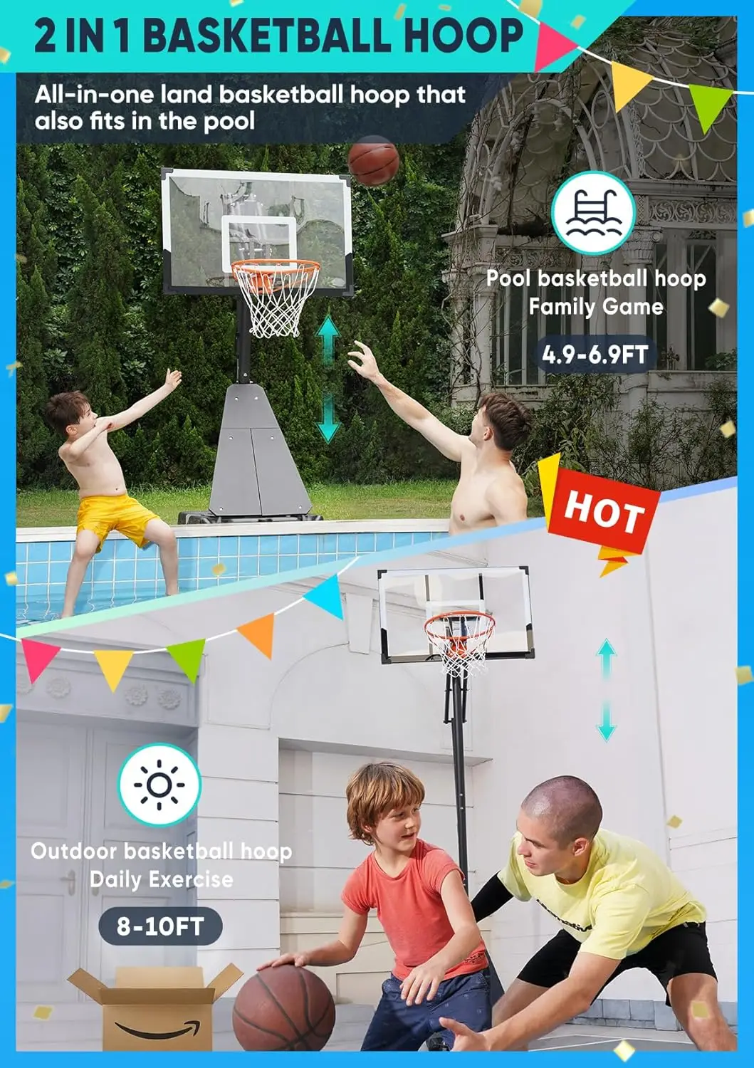 Hoop Outdoor System with 44 Inch Shatterproof Backboard, 4.8FT-10FT Height Adjustable Basketball Goal System for Yout