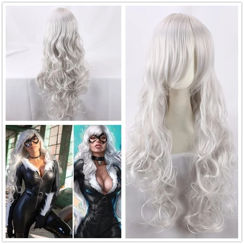 Halloween New Black Cat Cosplay Wig Women Silver White Long Curly Hair with Oblique Bangs Halloween Costume Party Wigs for Women view 2