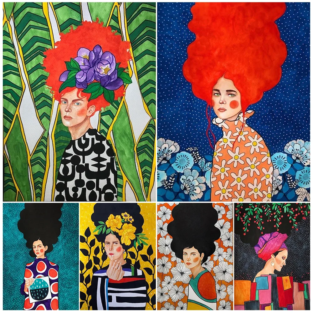 

Colorful Hair Girl Modern Woman Leaf Flower Poster Wall Art Canvas Painting Home Decor Wall Pictures For Living Room Unframed