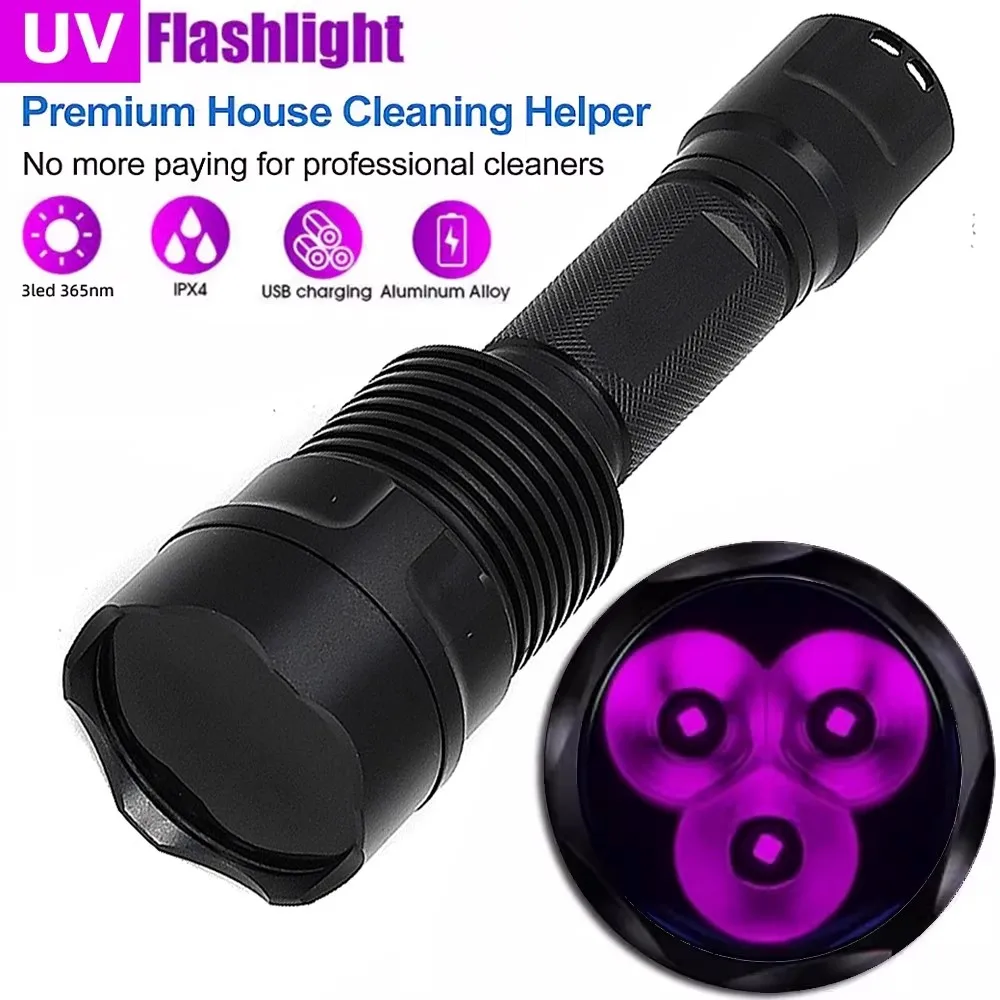 

Black Mirror Purple Light 365nm fixed focus flashlight battery USB charging for nail solidification, banknote inspection