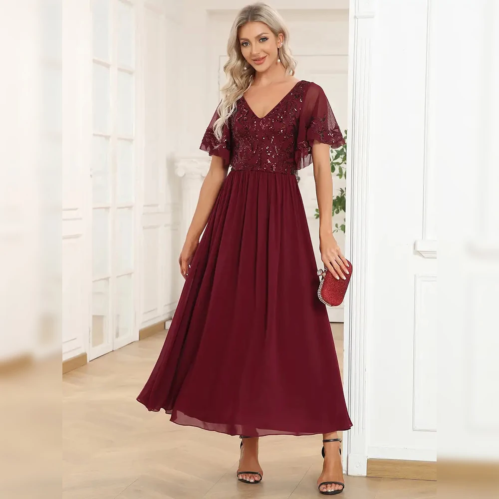 BAZIIINGAAA Party Dress Short Ruffles Sleeves V Neck Mother of the Bride Dresses Evening dress