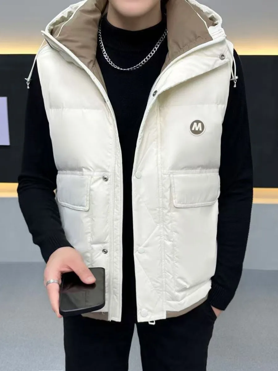 

Утепленный зимний мужской жилет из ткани безворсового плетения с капюшоном, приталенный, теплый, повседневный, городской, с воротником-стойкой