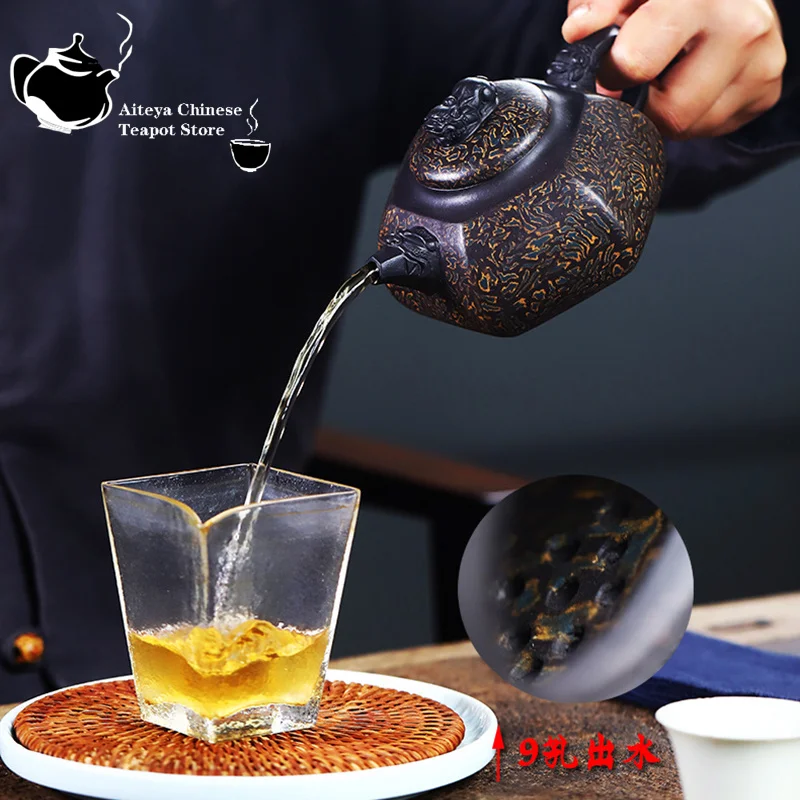 Chinese Yixing Handmade Purple Clay Pot, aged Black Clay, Six Square Black Leopard, Health Care Kungfu Tea Set, 310ml