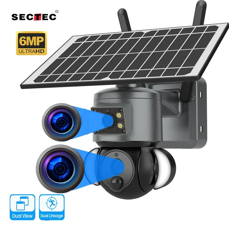 

SECTEC HD 6MP Panoramic CCTV Outdoor Dome Security Surveillance PTZ Camera Dual Lens Floodlight Network 4G Solar Battery Camera