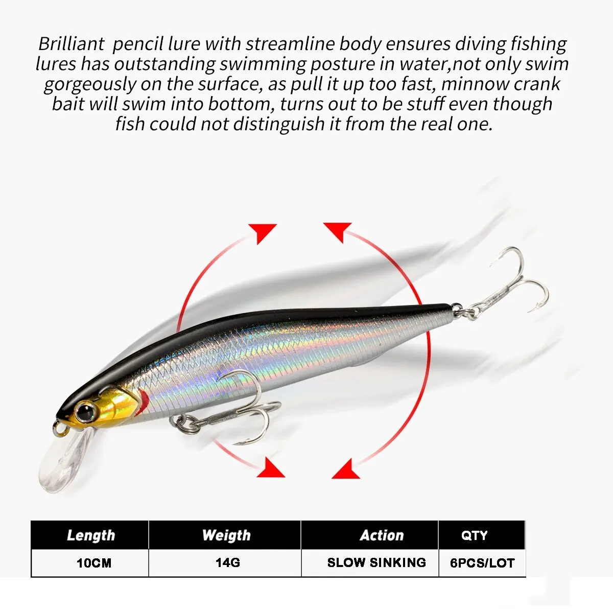 Slow Sinking Minnow 10cm 14g 6pcs/lot Fishing Lures with Long Casting System With High Quality Fishing Hooks For Trout Pike