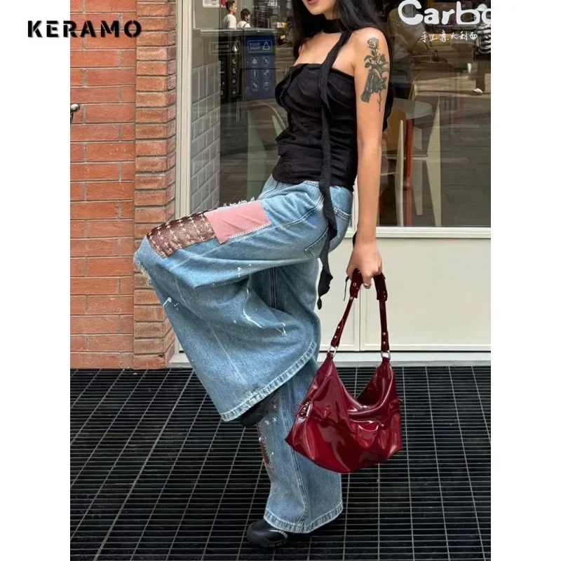 Street Vintage High Waisted Straight Emo Jeans Women's Casual Ripped Pants Baggy Y2K Wide Leg Grunge Patchwork Denim Trouser