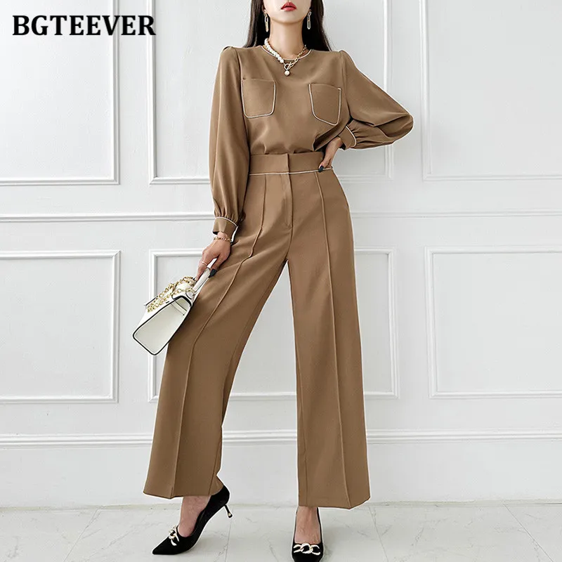 BGTEEVER Stylish 2 Pieces Women Trousers Set O-neck Long Sleeve Pockets Pullovers Female High Waist Wide Leg Pants Ladies