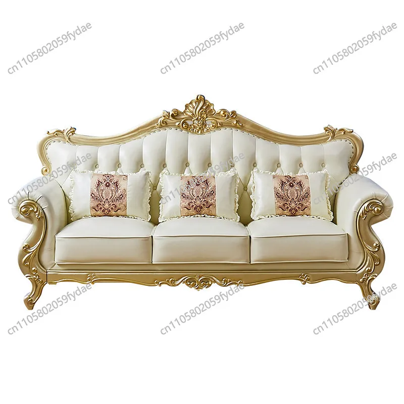 

Роскошная комбинированная мебель для гостиной в малогабаритной квартире: диван 123, верхний слой из натуральной кожи, полностью из массива дерева, с резьбой, в простом европейском стиле.