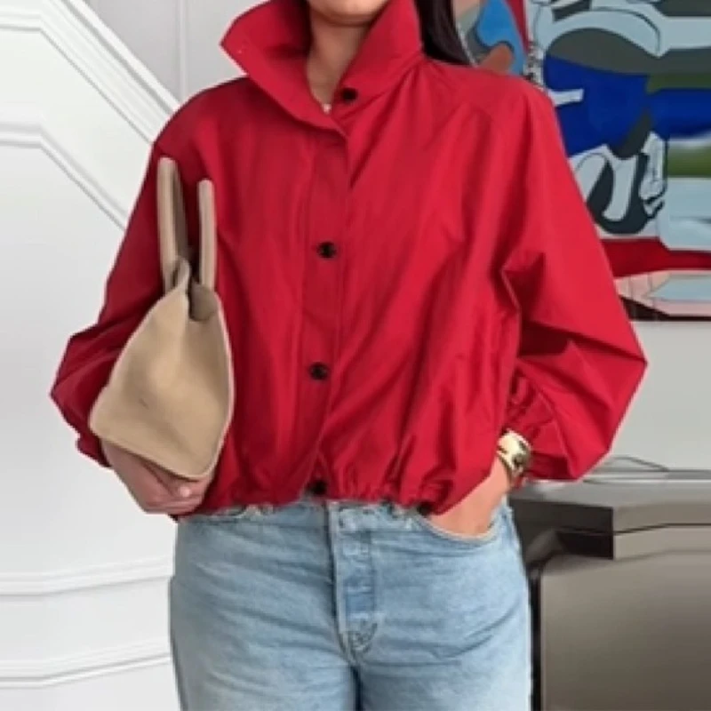 2025 Spring and Autumn Collar Button Solid Color Long Sleeve Coat Street Style Women's Jacket