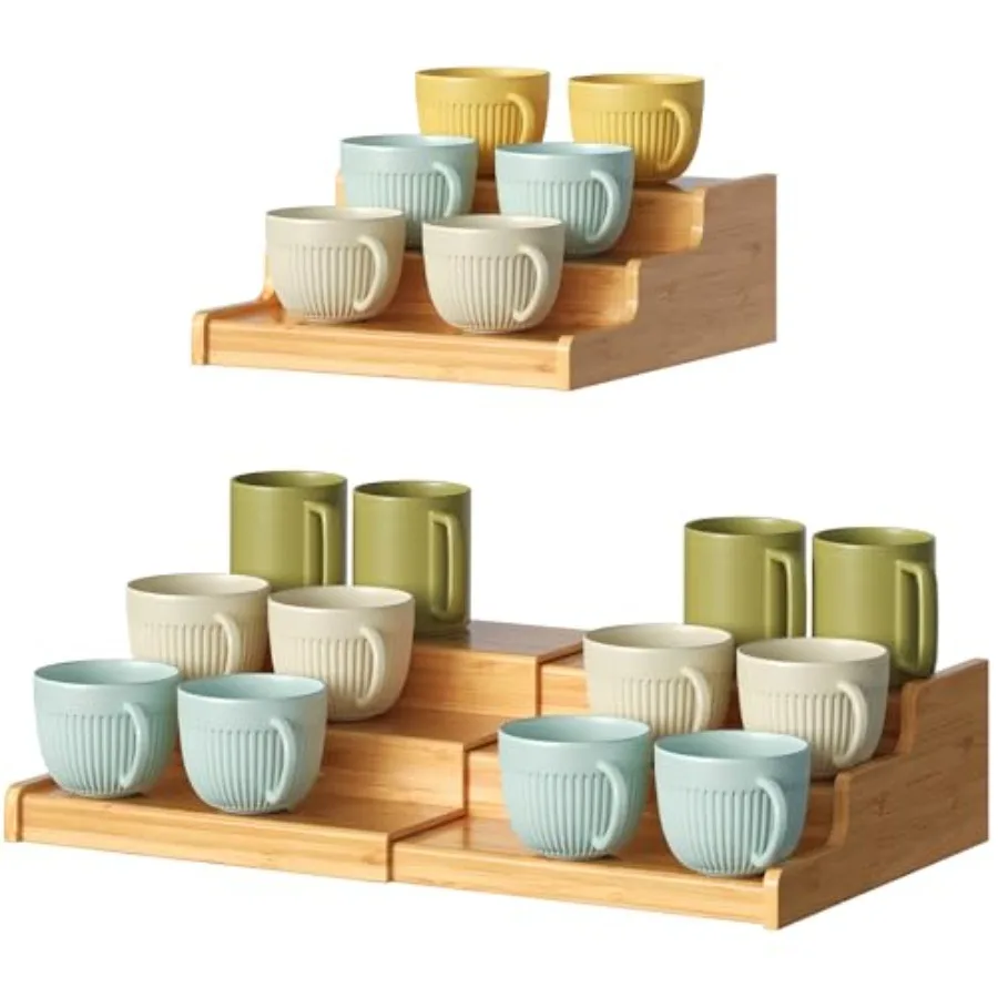 

3-Tier Expandable Bamboo Mug Holder For Countertop Coffee Cup Holder Display Mug Organizer Mug Rack for Coffee Bar Organizer Mu