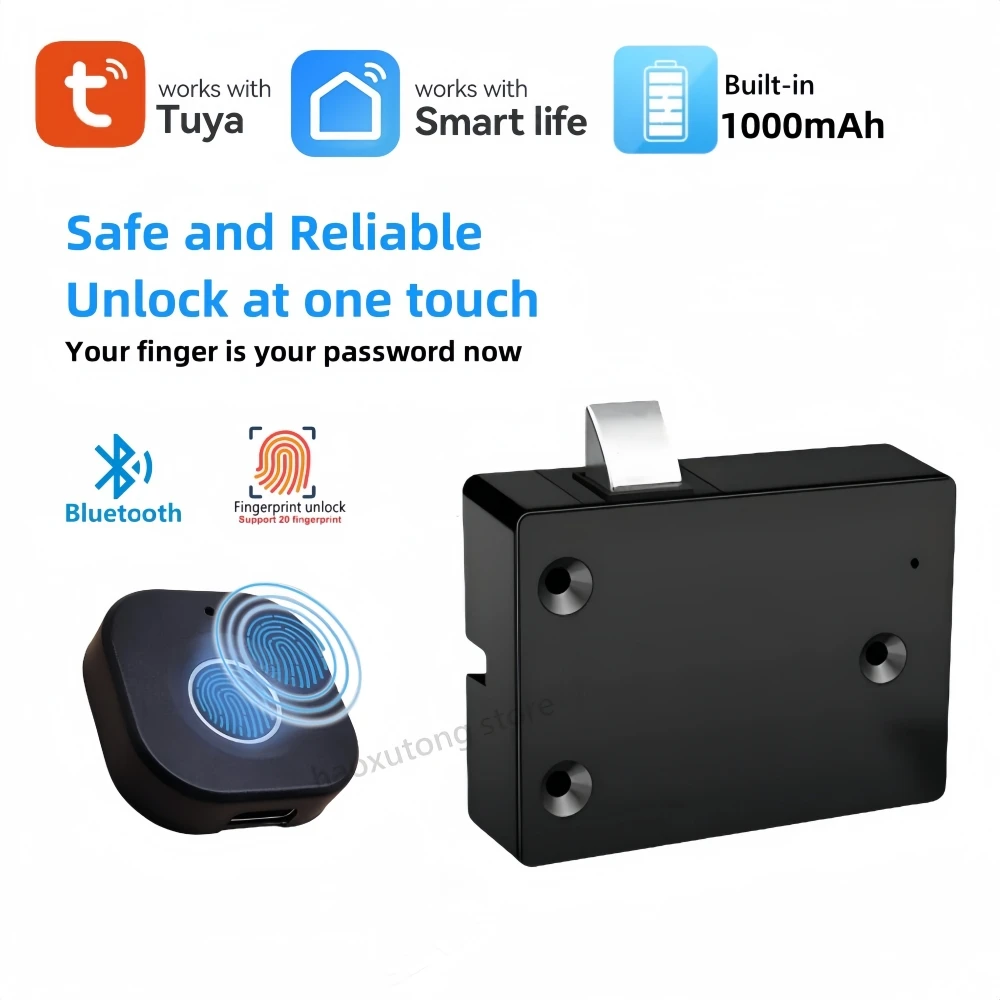 Tuya Smart Biometric Fingerprint Lock Built-in Battery Black Keyless Cabinet Lock Smart Drawer Locks Anti-theft Door Lock