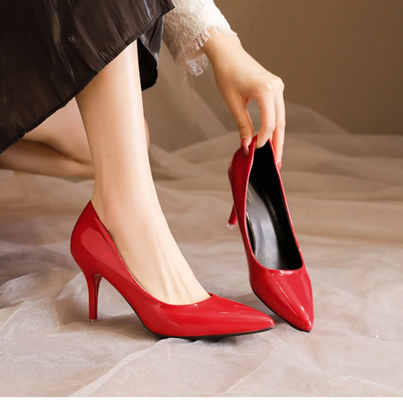 Women Shoes Pointed Toe Pumps Patent Leather Dress Red  High Heels Boat Shadow Wedding Shoes Shoes for Wedding Women