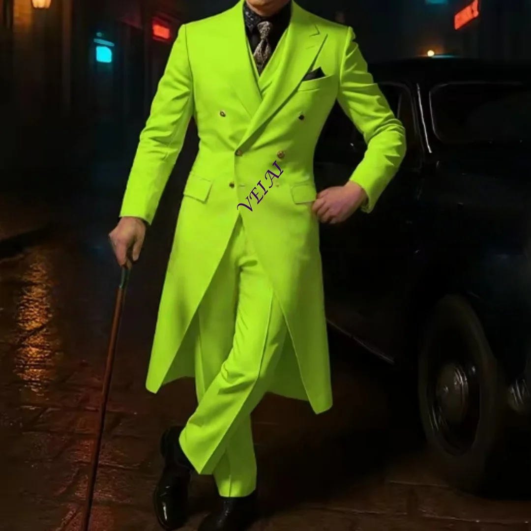 Elegant Champagne Men's Suits Double Breasted Peak Lapel Slim Fit Outfits 3 Pcs Jacket Pants Vest High Quality Male Clothing