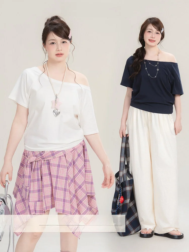 

Heynew Casual Large Size Women's Clothing oulder Bared Top for Plump Women Comfortable Cotton Blend Regular Fit Summer Tee