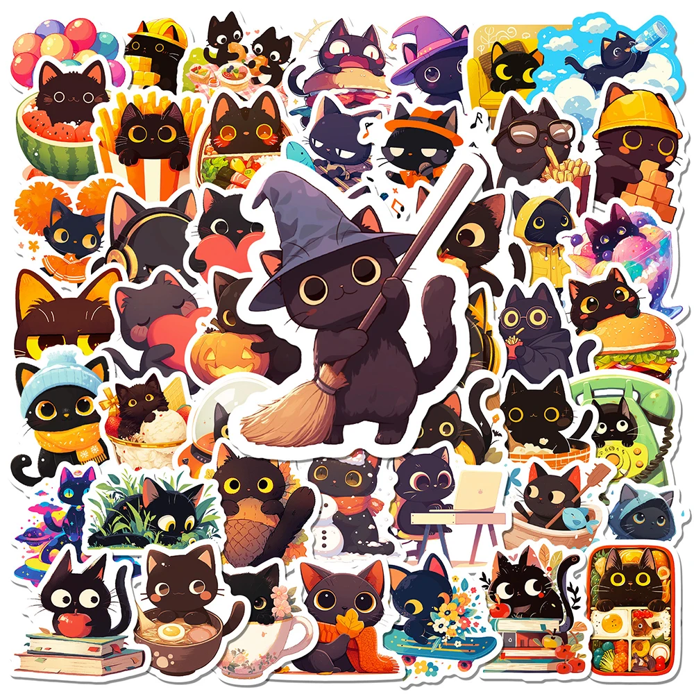10/30/50pcs Funny Cartoon Little Black Cat Stickers Cute Kitten Anime Sticker DIY Fridge Phone Water Bottle Graffiti Decals Pack