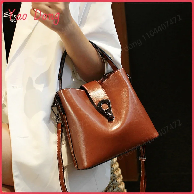 Yao Dong Burminsa Genuine Leather Bucket Small Shoulder Crossbody Bags For Women 2025 Trend Designer Wide Strap Oil Waxed Ladies