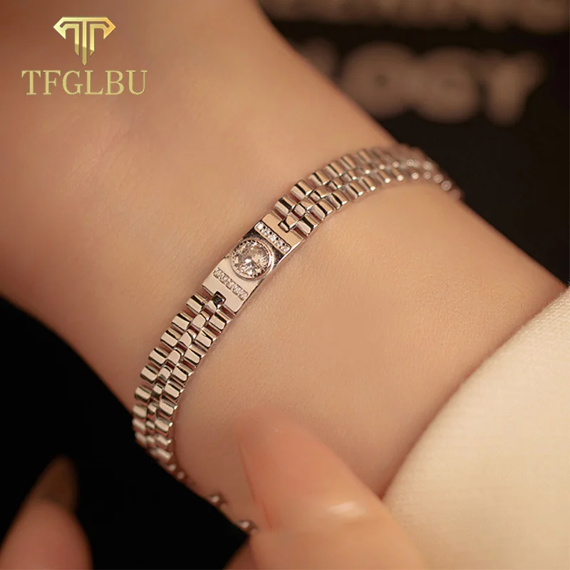 

TFGLBU Round Cut Ziron Watchband Bracelet White Gold Plated S925 Silver Jewelry for Women Sparkling Wedding Party Fine Jewelry