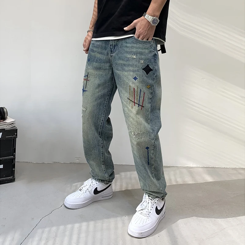 

Straight Jeans Men's High Street Fashion Brand Vintage Print Loose Street Fashion Personality Teenagers Casual Versatile Trouser