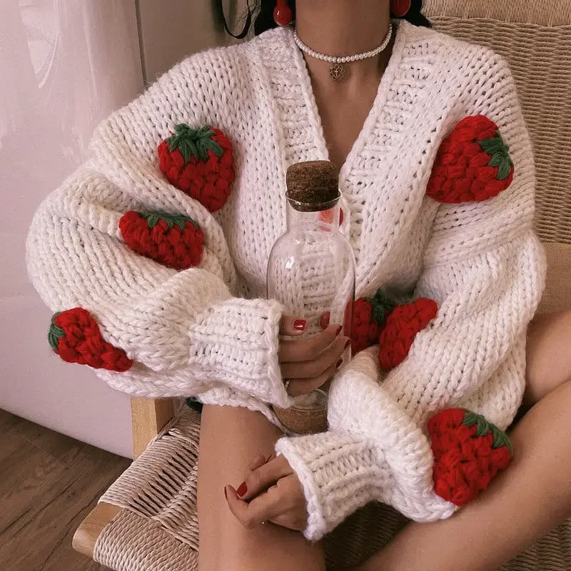 Large Size Women Sweater 2021 Spring Autumn Puff Sleeve Strawberry Sweet Full Cardigans Loose Girls Sweater Euro-America Style