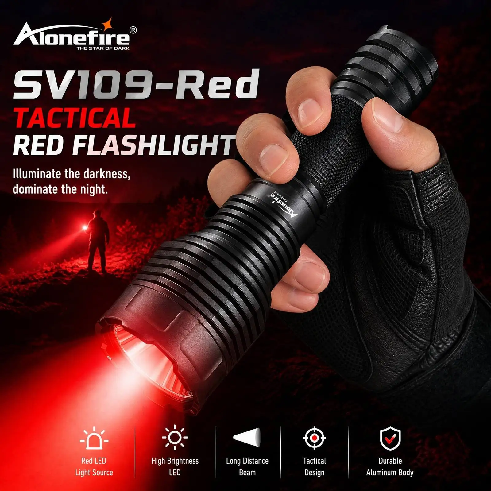 Alonefire Red Light LED High Power Flashlight Aluminum Rechargeable Torch Camping Outdoor Hiking Hunting Fishing Stargazing Lamp
