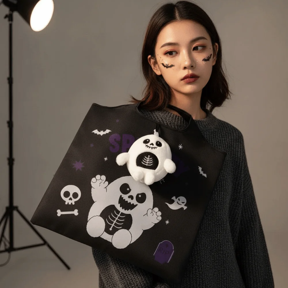 Solid Color Halloween Grocery Tote Space-Saving Mini Cartoon Pocket Handbag Plush Case Ultra-Lightweight 2-in-1 Bag Charm Pouch