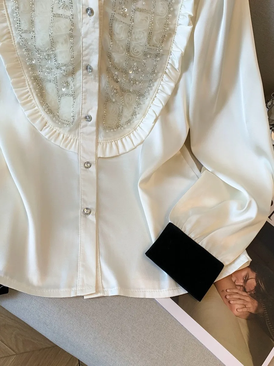 Ele Paillettes Embellished Satin irt Donna Autunno Faion Pendolarismo Sle Coreano Loose Fit Lungo Sve Casual irt