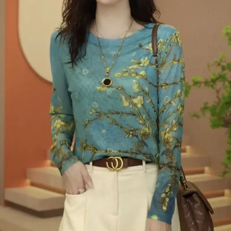 Damskie jesienne nowe dopasowane bluzki z nadrukiem, eleganckie bluzki z długim rękawem z czystej bawełny, wysokiej jakości europejska baza tie-dye.