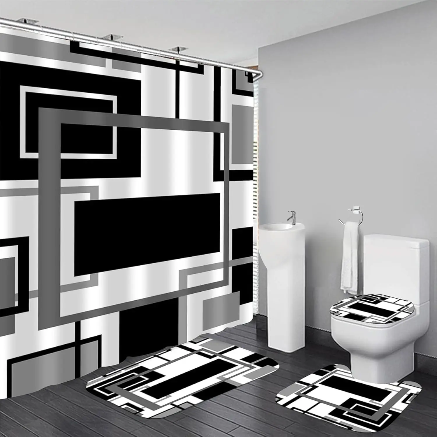 

4-Piece Black Geometric Bathroom Set with Shower Curtain, Rugs, and Toilet Cover for Modern Decor
