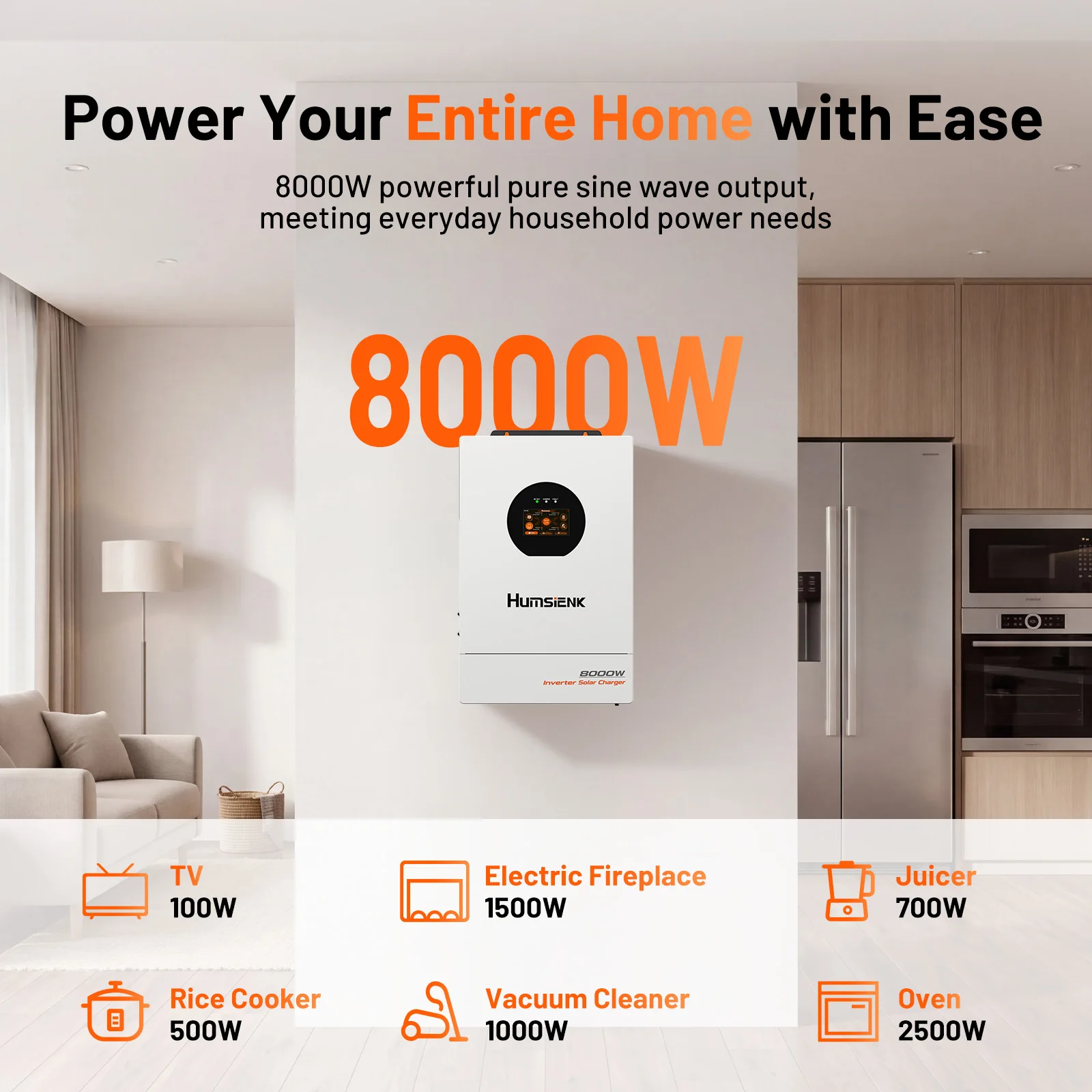 Humsienk 48V 8KW 3-in-1 Solar Hybrid Inverter, Dual MPPT, 120V/240V Split/Single Phase, 8KW Pure Sine Wave Output, Safety Protections, With USB/RS485/CAN, LCD Display & Remote Monitoring For Off-Grid System