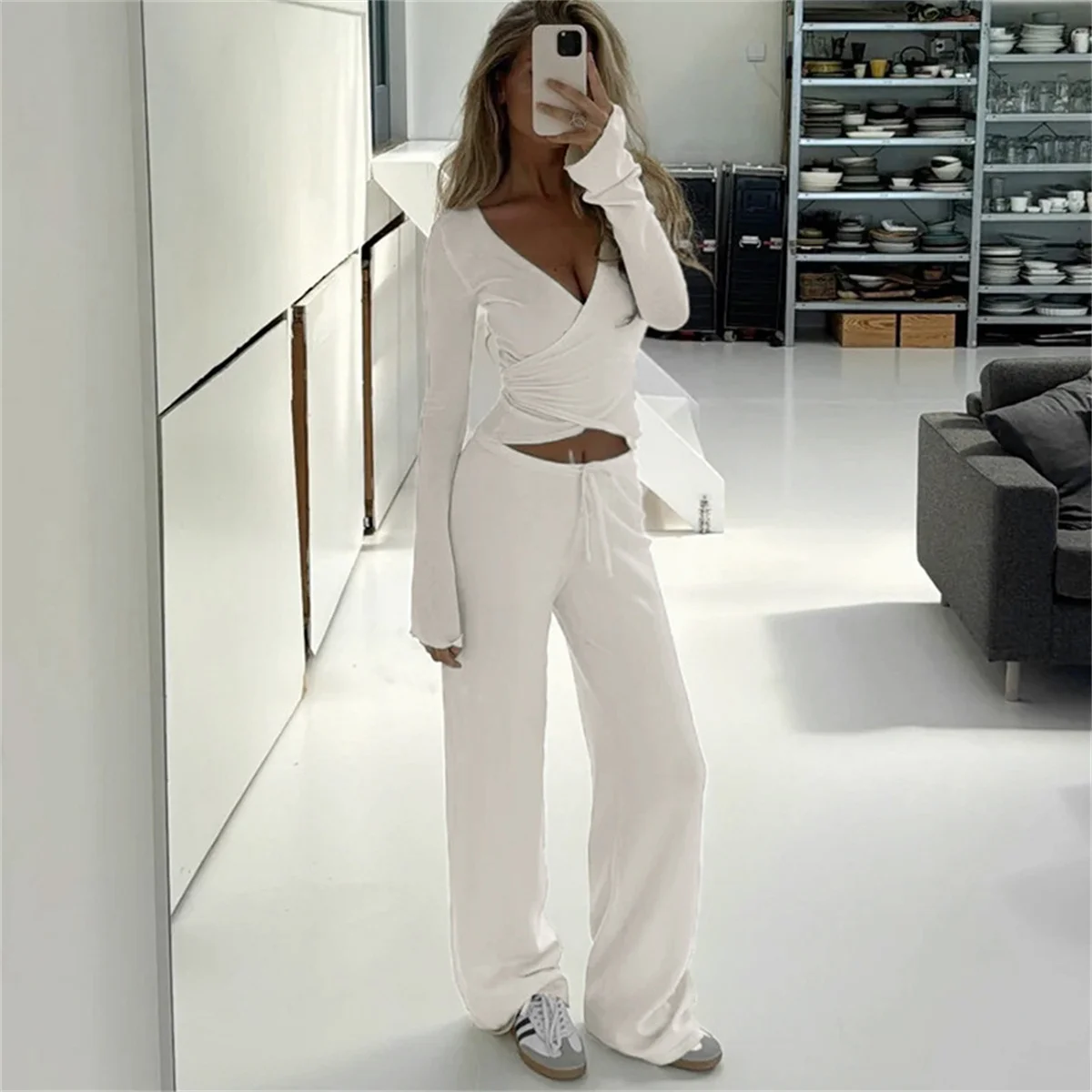 2025 Lounge Set Crop Tie Tops 2 Piece Pant Set Outfits Women Clothes Sweatsuits Sexy Elegant Pink Solid Two Piece Set Tracksuits