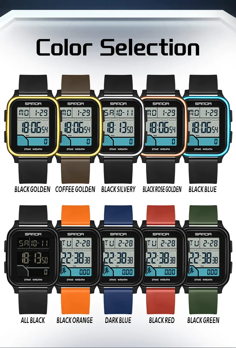 SANDA SD2210 スポーツ電子時計 歩数カロリー+5 ATM防水+ナイトライト スポーツモニタリング多機能時計