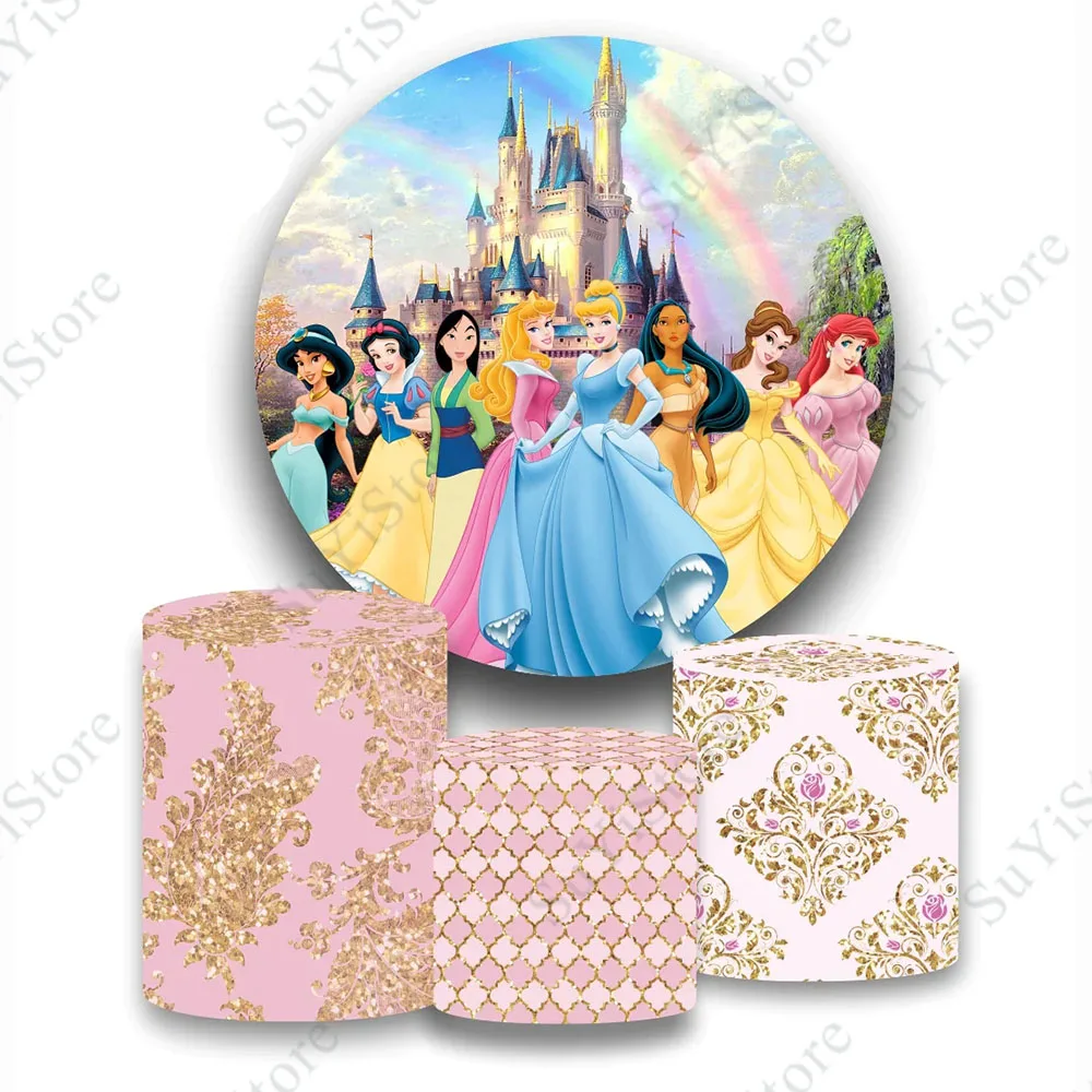 Disney Princess Round Photo Backdrop Girls Birthday Baby Shower Cinderella Belle Circle Photography Background Plinth Covers