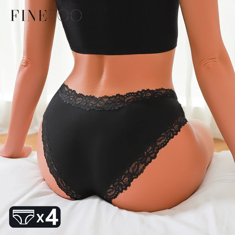 FINETOO-ropa interior de algodón sin costuras para mujer, lencería de encaje, Sexy, Floral, transpirable, bragas de cintura baja sólidas