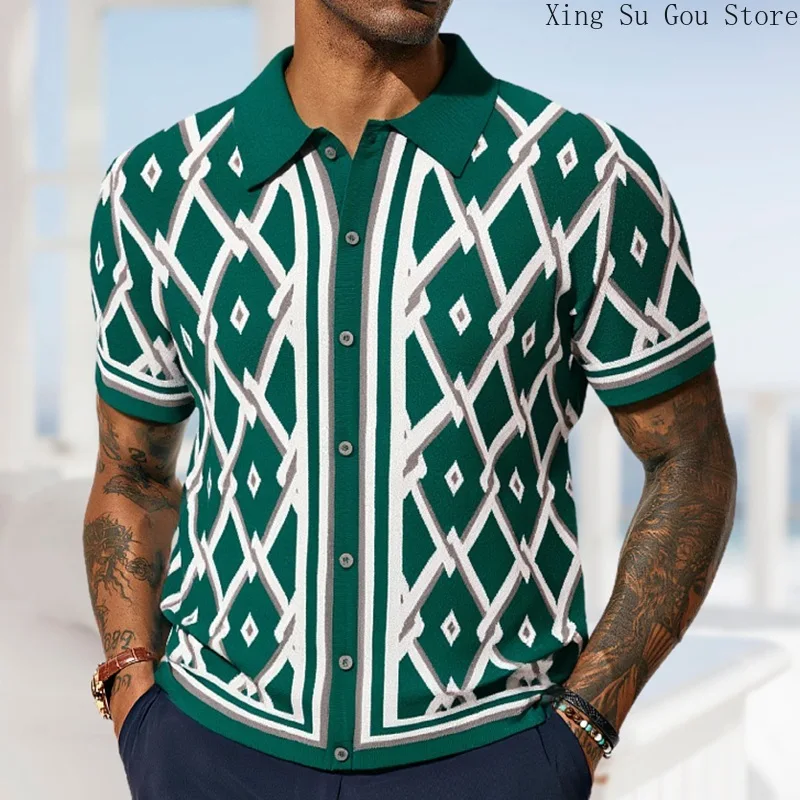 Men's Summer New Jacquard Knit Short Sleeve Men's Summer Casual Lapel Print POLO Shirt Top