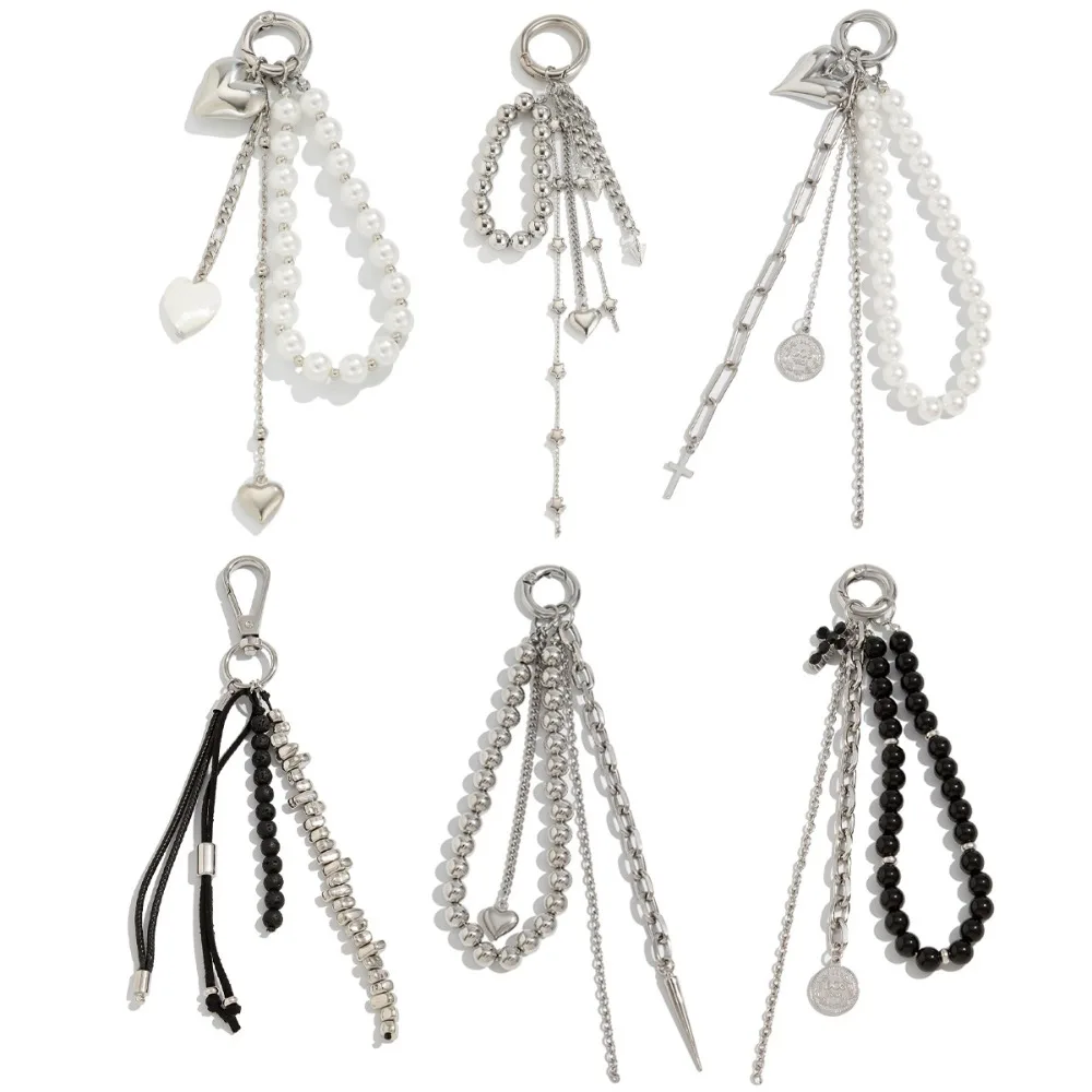 Fashion Metal Pearl Beaded Keychain Peach Heart Shape Tassel Decoration Pendant Jewelry Bead Bag Chain Gifts