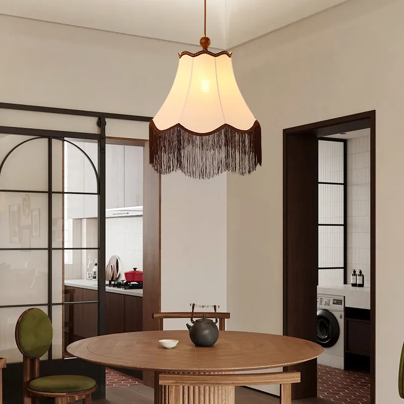 French Medieval Pendant Lights Textile Crafts Tassel LED Retro White Living Main Dining Room Bedroom  Lighting Decor Chandeliers
