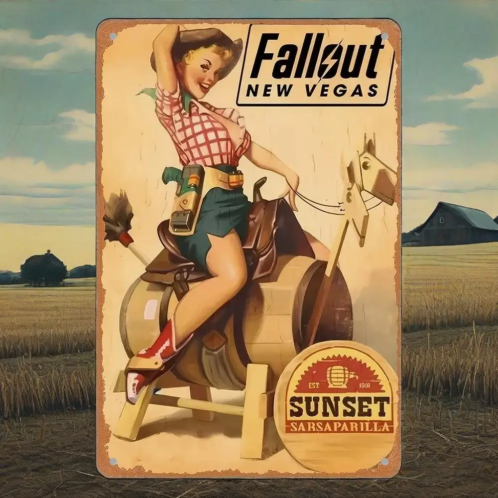 لوحة فنية جدارية "Fallout New Vegas" من القصدير أحذية رعاة البقر الريفية وفن سباق الأسطوانات ديكور حديدي مقاوم للطقس للحانات والنوادي
