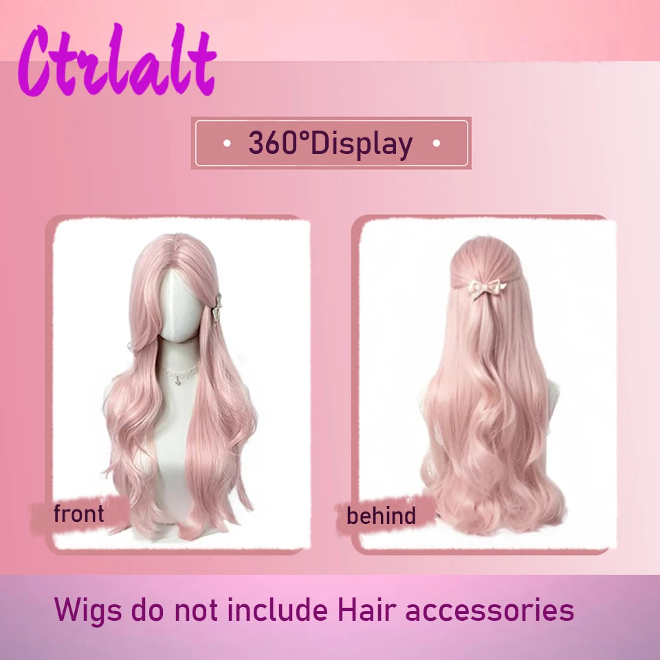 Wig Cosplay merah muda gelombang panjang sintetis wig tahan panas bagian tengah wig Lolita alami untuk wanita