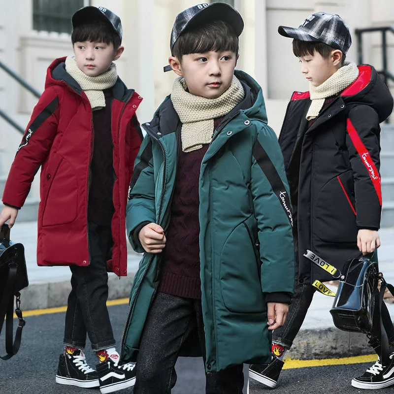 2024 New Big Size Very Keep Warm Winter Boys Jacket Teenager Mid-Length Plus Velvet Thickening  Hooded Cotton Coat For Kids