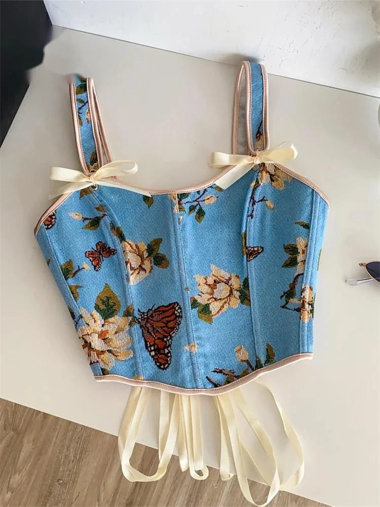 Embroidery Vintage Bustier Top French Floral Lace Up Versatile Slim Tank Top Summer Ladies Tummy Control Sensual Camis