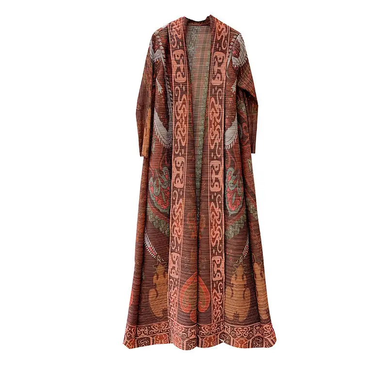 Trendy Vintage Print Pleated Windbreaker Women Patchwork Collar All-match Trench Coat Thin Jacket Saudi Arabia Muslim Abaya Robe