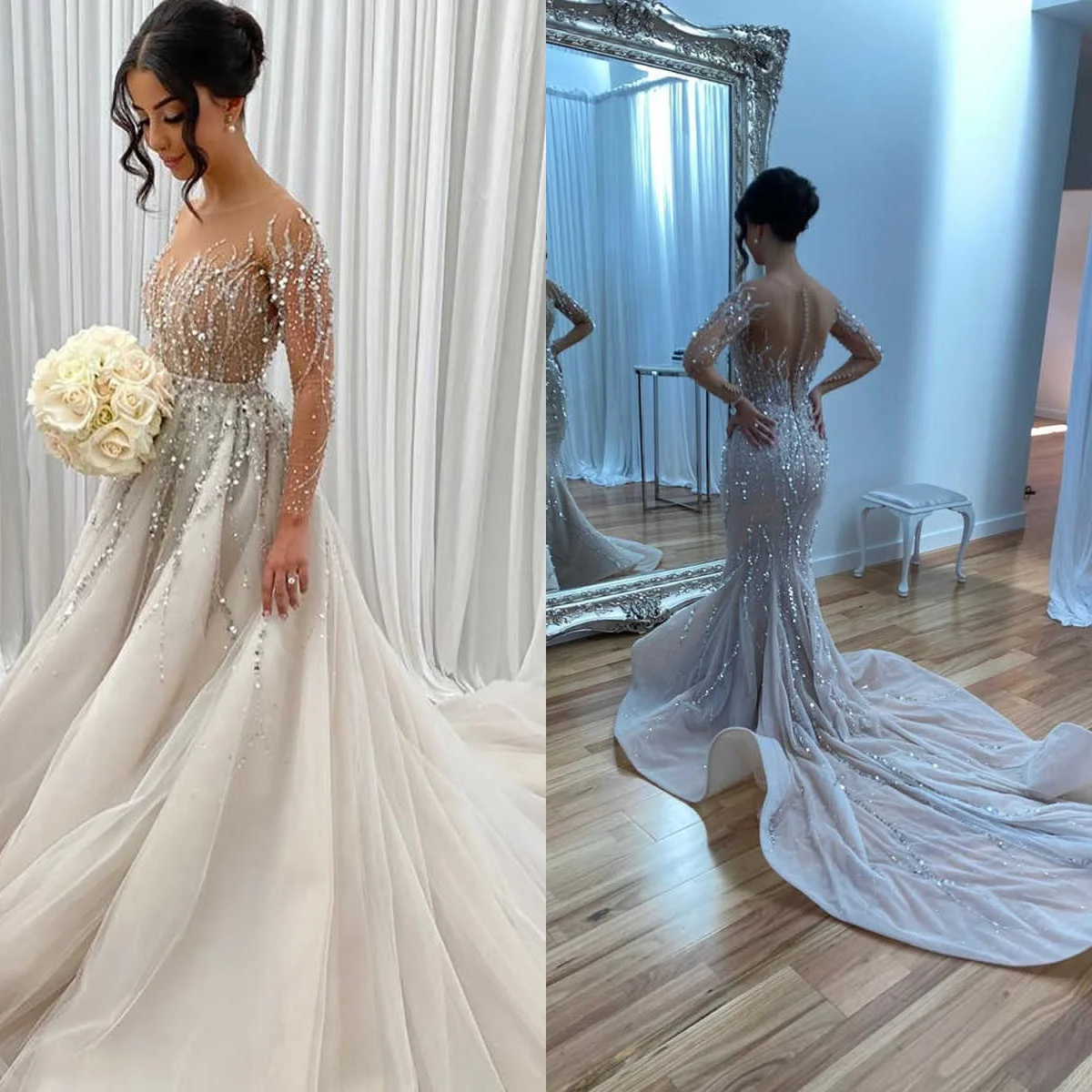 Robe de Mariée Sirène à Paillettes Perlées et Col Rond, Tenue Personnalisée à Manches sulfavec Poignées Détachables et Traîne de Balayage pour Patients