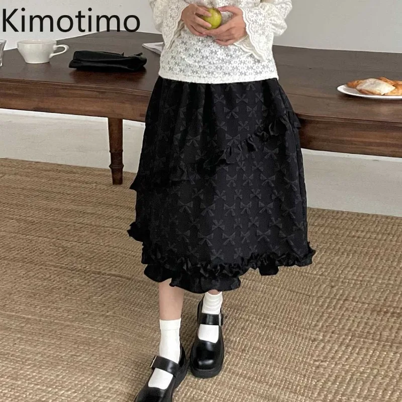 

Kimotimo Bow Jacquard Ruffled Black Skirts Women French Retro High Waist A-line Mid Length Skirt Autumn Fashion Sweet Outerwear