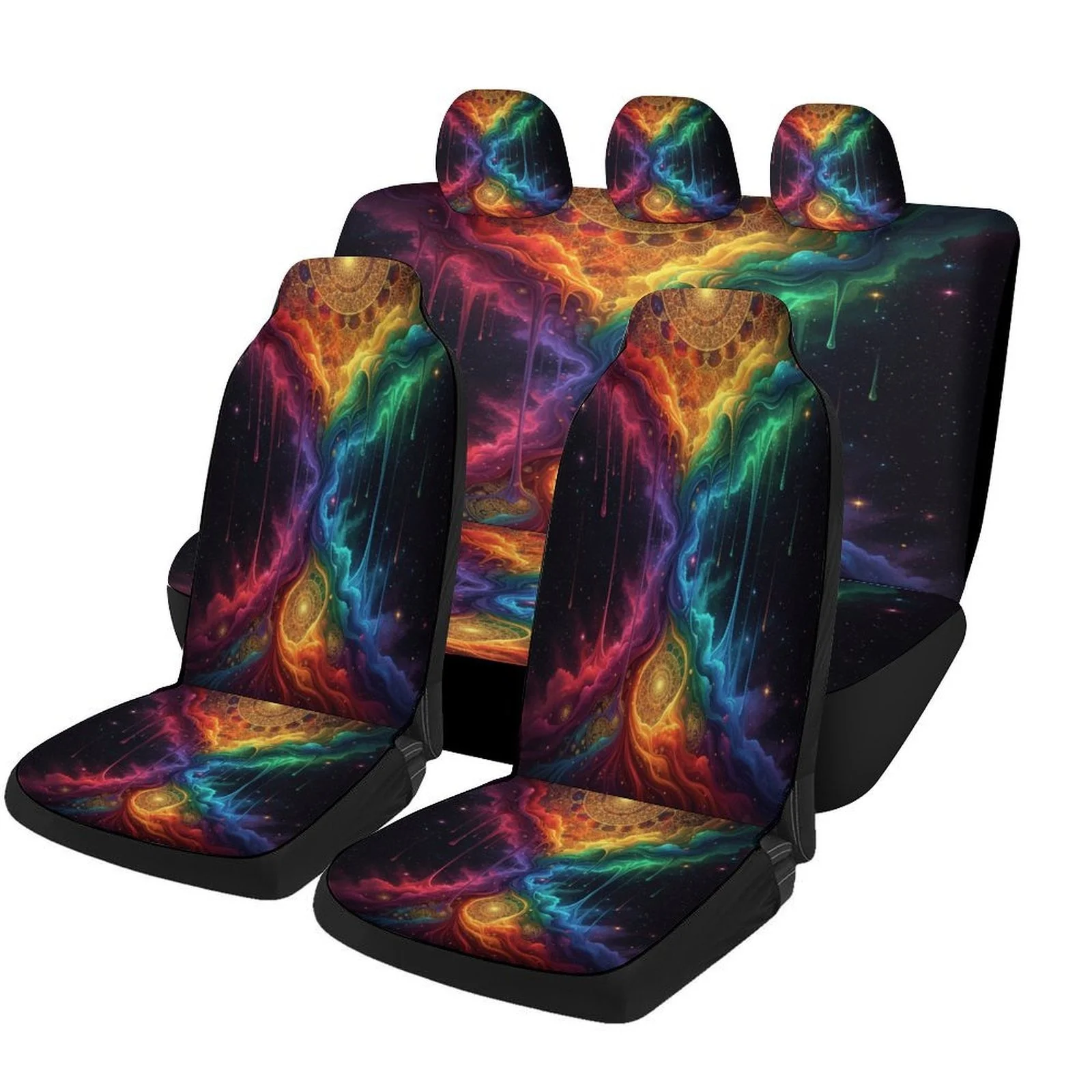 Set Of Car Seat Covers Featuring A Cosmic Rainbow Veil Design, Suitable For A Variety Of Vehicles. These Stylish, High-Quality P