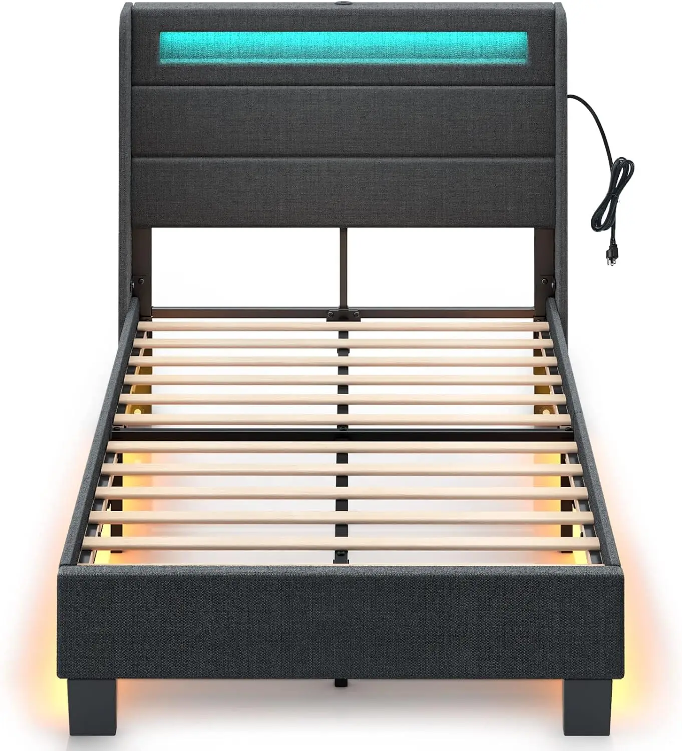 Bed Frame Twin Size with LED Lights and Charging Station,Upholstered Bed with Motion Activated Night Light and Wood Slats