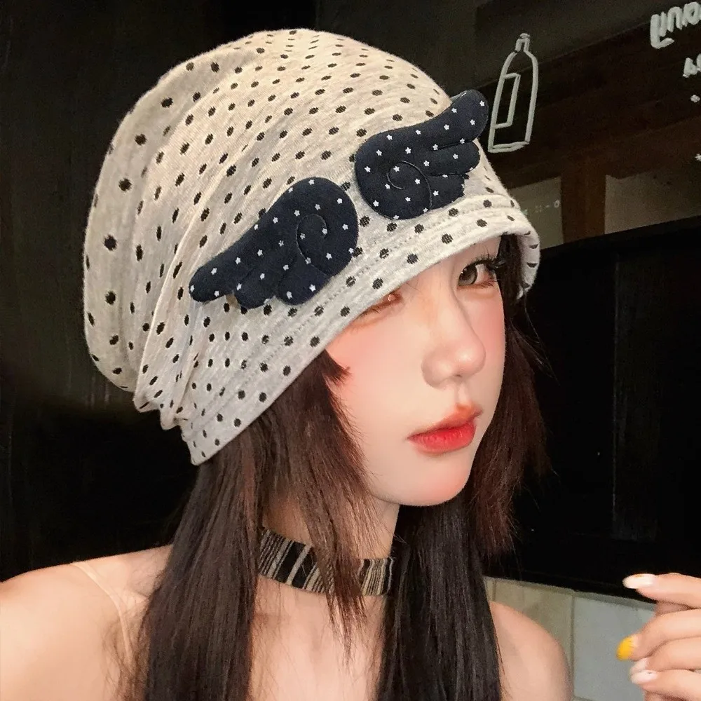 Fashion Polka Dot Pattern Stacking Bonnet Elastic Wing Decoration Stretch Fit Hats Soft Breathable Skullies Hat for Women