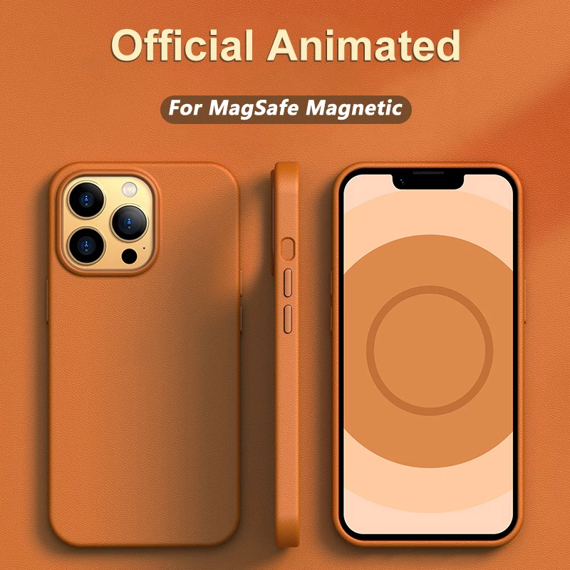 With Official Animation For Magsafe Leather Magnetic Case For iPhone 13 14 Pro Max Mini Plus Shockproof Phone Cases Accessories