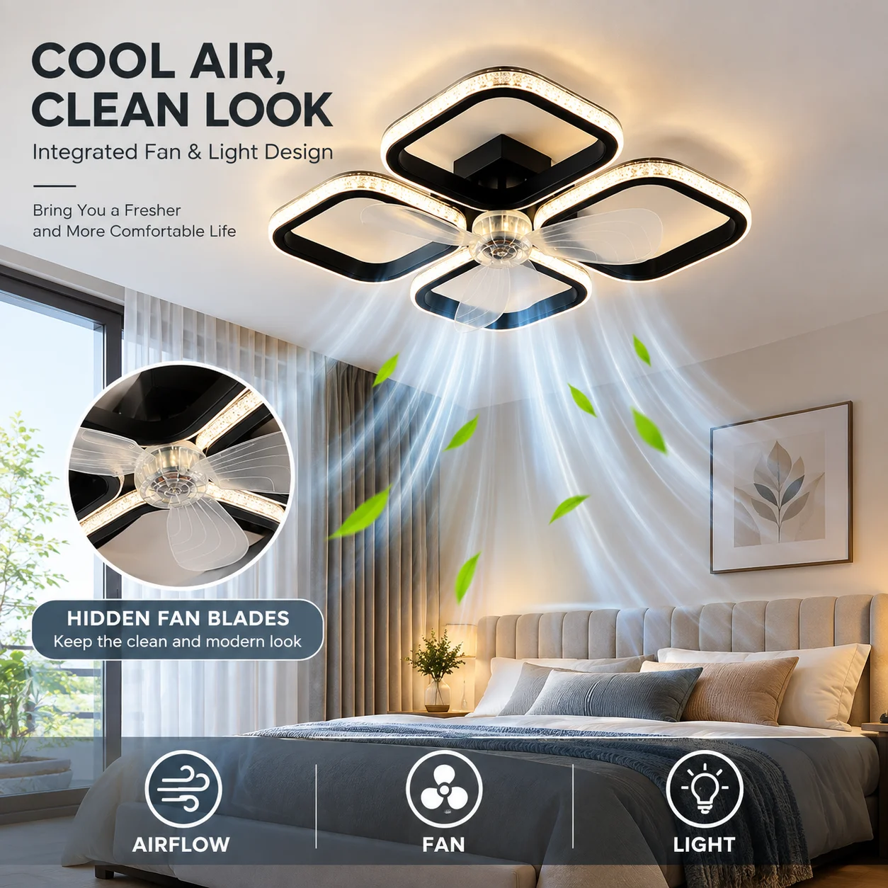 พัดลมเพดานพร้อมไฟ LED อัจฉริยะ - Ceiling Fan With Remote Control Reversible บทวิจารณ์และราคา