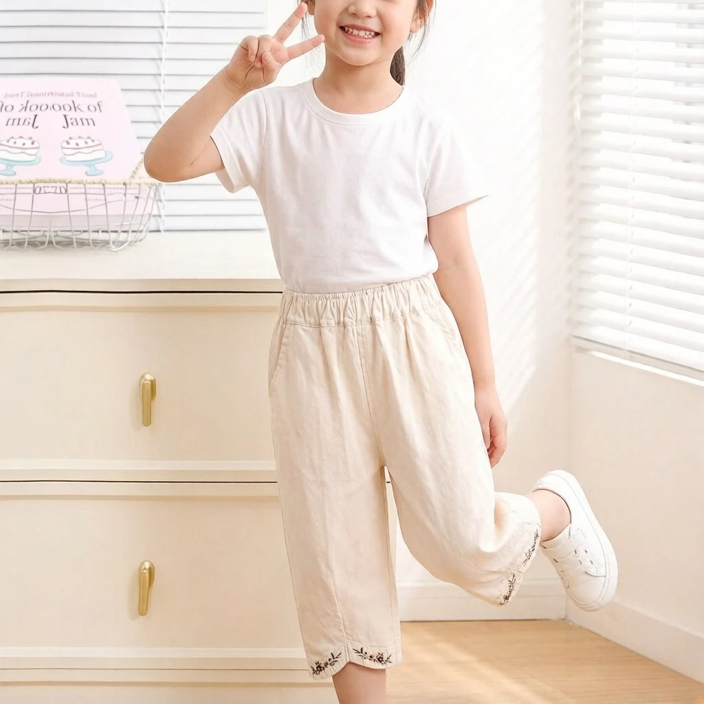 Girls' Embroidered Lace Trim Trousers Spring Summer Korean Country Garden Style Loose Fit Breathable Versatile Everyday Wear​